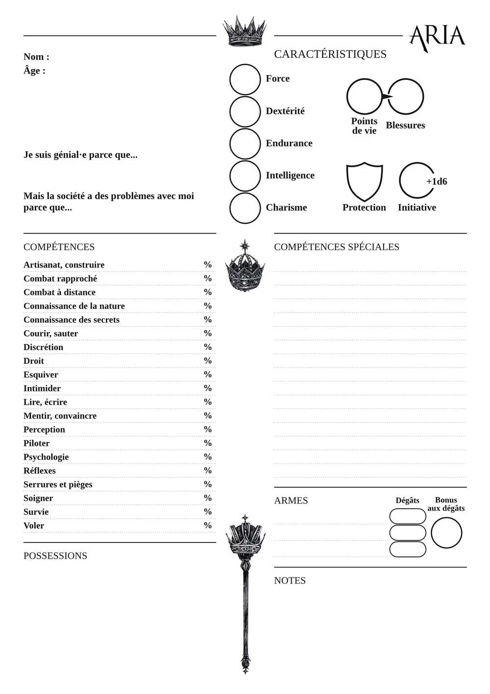 Fiche de personnage Aria